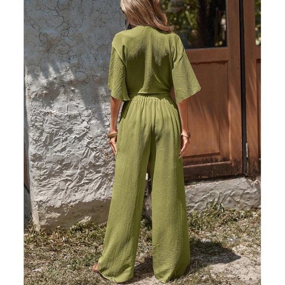 Boho Vibes Crop Top & Wide Leg Pants Coord set Green - Picture 2 of 5
